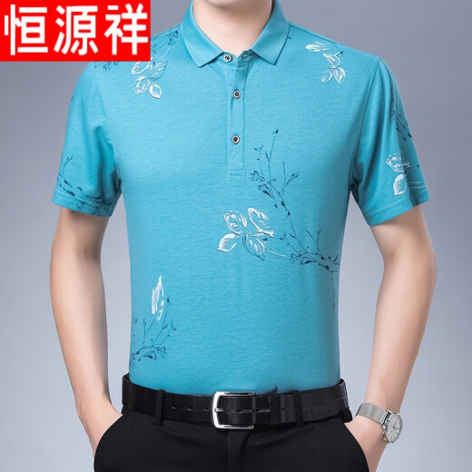 恒源祥品牌高端男装 夏季短袖男中年爸爸夏装T恤纯棉翻领印花半袖爷爷中老年人男装 6621灰色 180