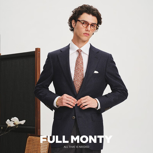 FULL MONTY【VBC面料】羊毛西服外套法兰绒千鸟格商务单西男士西装 藏青色3335 42