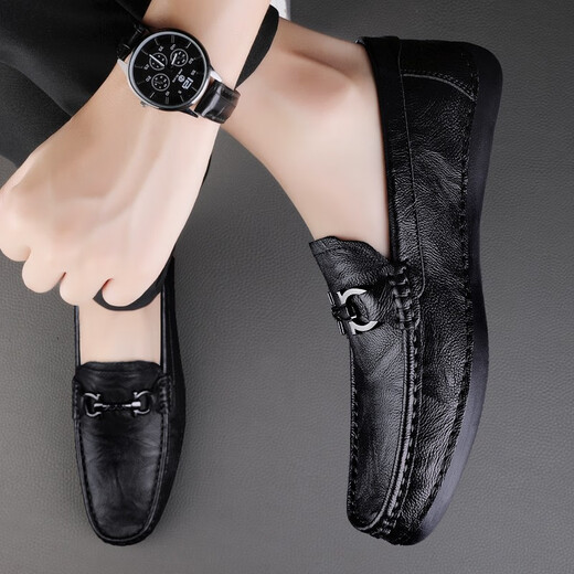 CLOHOO Doudou zapatos para hombres primavera y otoño de cuero de cuero genuino zapatos de cuero casual de cuero suave y transpirable anti-slip versátil pedal de una pieza negro 42 [tamaño de zapato de cuero]