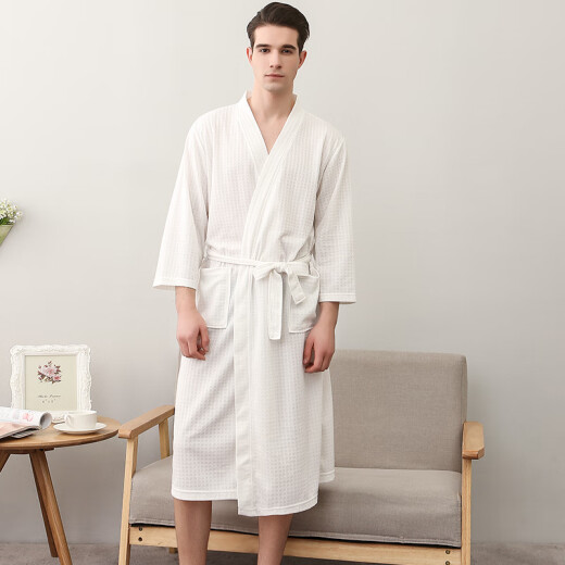 Thin waffle nightgown water-absorbent quick-drying bathrobe bathrobe plus size couple pajamas for women and men spring and summer end of year HFG gray men's XL [height 175cm 160Jin [Jin equals 0.5 kg]]