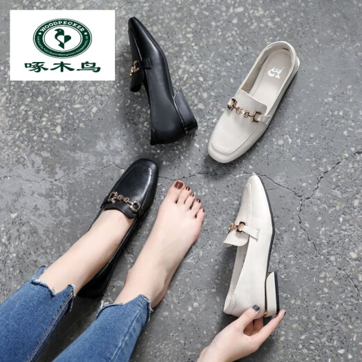 Woodpecker soft leather loafers for women, 2023 spring style, versatile square toe thick heel single shoes, shallow mouth, flat bottom, British small leather shoes, beige standard size, one size larger for fat feet, 37