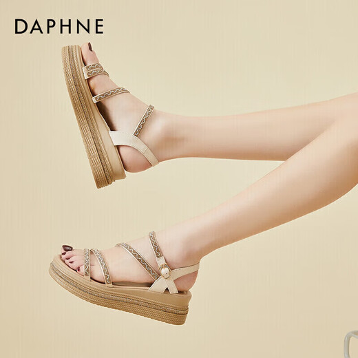 
Daphne wedge sandals for women soft sole comfortable thick sole sponge cake shoes for women fashionable cowhide lightweight and versatile height-enhancing women's shoes 4622303017 Beige 38