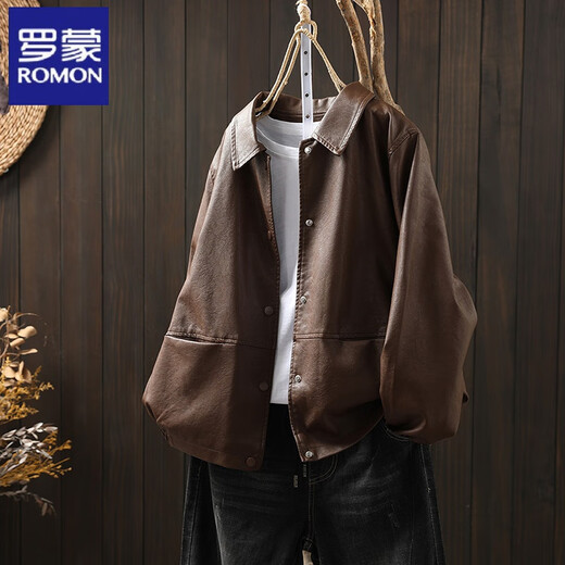 ROMON black leather jacket for women loose slimming spring and autumn new style lapel pu leather motorcycle jacket Hong Kong style jacket trendy black L recommended 125-135Jin Jin is equal to 0.5 kg