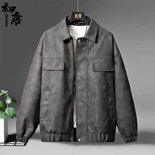 初唐皮衣男仿皮夹克雾面新复古回潮皮外套秋冬美式机车上衣 墨黑 2XL 