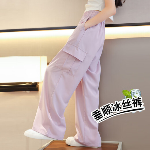 小猪彼特夏季女童阔腿裤儿童裤子冰丝工装裤2025新款防蚊裤女大童夏装长裤 9889白色+15029粉紫色 【套装】 160 cm