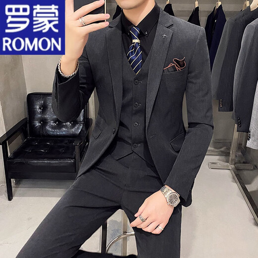 罗蒙（ROMON）痞帅西装男套装高级感修身新郎结婚礼服正装休闲小个子西服外套 黑色西装+裤子+白衬衫 M