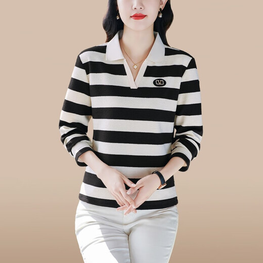 芳履遇长袖t恤女士春秋季新款中年妈高端棉质翻领POLO衫休闲T恤宽松体恤 6636酒红 均码  M建议穿85-95斤