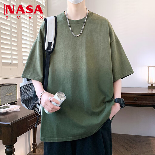 NASA XVVX渐变短袖T恤男夏季潮流港风宽松百搭复古五分袖衣服圆领休闲体恤 2601蓝色 L (约100~115斤可穿)