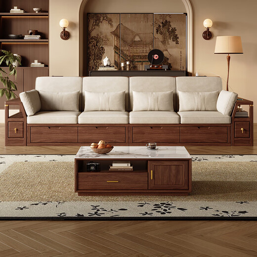 Kleines Holzwofa, mittelalterliche schwarze Walnuss-Massivholz-Sofa Wohnzimmer 2025 Neue Sommer-Doppelpur-Lagermöbel, Vier-Personen-Sitz