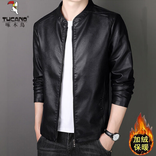 Woodpecker (TUCANO) men's brand high-end official 2025 new Haining genuine leather jacket men's slim-fit stand-up collar goatskin jacket casual pure black strong and soft spring and autumn style XL 180 recommended 125-140 Jin Jin equals 0.5 kg