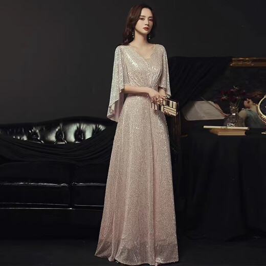 Noliti high-end evening dress banquet fashion new style noble golden light luxury high-end niche performance host female champagne color long M