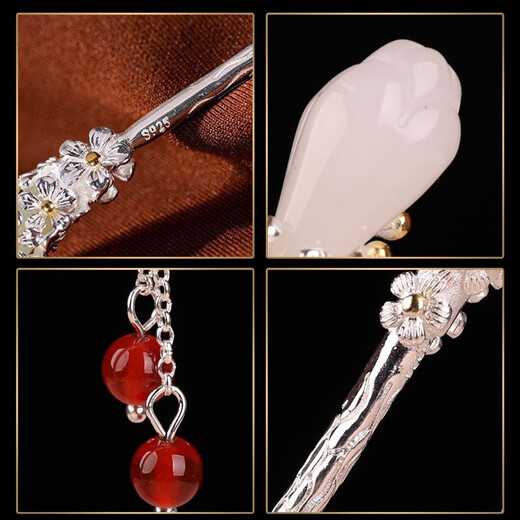 Jiangnan's first national style, magnolia flower, agate tassel, silver-plated hairpin, jade Hanfu headdress, ancient style coiled hairpin, step-shaking hairpin for women, hairpin