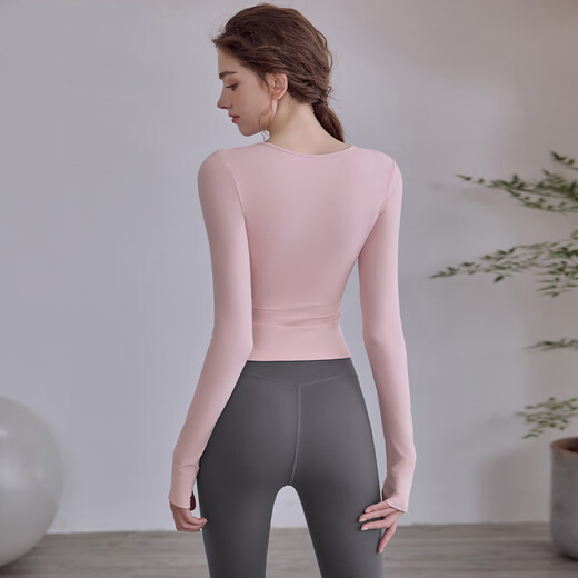 LULUUVTTOH new style yoga clothing tops with chest pads for women, autumn and winter hollow slimming fitness clothing, sports Pilates suit, long sleeves, cherry blossom pink long sleeves M
