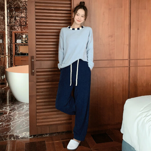 MEIYANG winter island home wear densely woven half-velvet warm color-blocked round neck top casual pants fashionable temperament suit for women blue XL