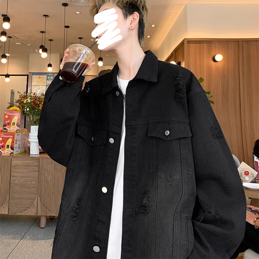 Yiran Zhengpin jacket men's autumn and winter casual retro ripped high street trendy brand handsome loose versatile warm denim jacket for men blue regular XL recommended 115-140Jin Jin equals 0.5 kg