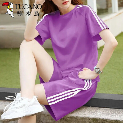 Woodpecker 200Jin[Jin equals 0.5 kg] Fat mm fashion sports suit for women 2025 summer new loose large-size shorts shorts two-piece set 695 black [top + pants] 4XL code suggestions {180-200Jin[Jin equals 0.5 kg]}