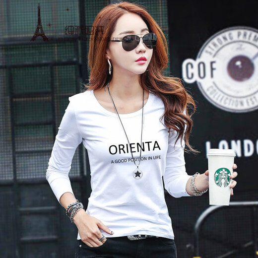 KUFANXI brand original long-sleeved T-shirt women's bottoming shirt autumn new style slim fit outer wear inner style top ORI-white L (100-110Jin [Jin equals 0.5 kg])