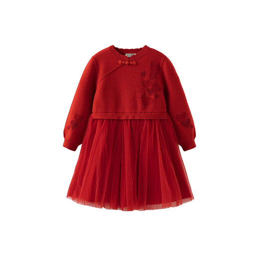 DAVE&BELLA children's fake two-piece skirt Chinese style girls sweater dress winter New Year little girl skirt Begonia red ready stock 130 cm (recommended height 120-130cm)