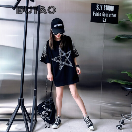 BUTAO Hong Kong trendy brand short-sleeved women's mid-length loose fashion summer new versatile five-pointed star dark print T-shirt women's black one size