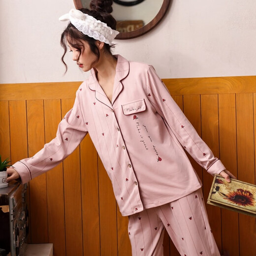 Langsha pajamas, women's pajamas, spring and autumn cotton long-sleeved trousers, can be worn outside pajamas, lapel cardigan, printed women's pajamas suit, two-piece set of bean paste powder L