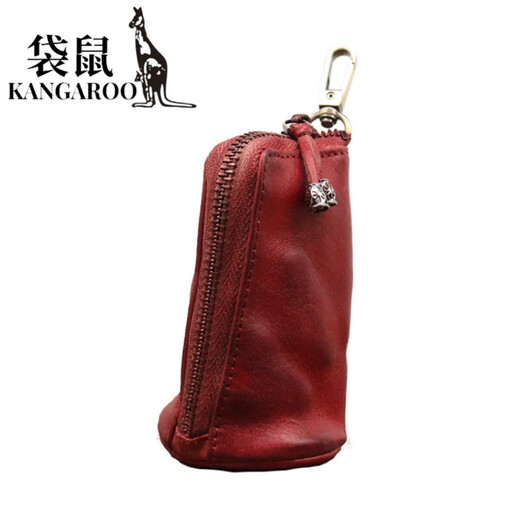 袋鼠（KANGAROO）新款头层牛皮植鞣皮复古做旧钥匙包男士大容量腰挂做旧牛皮钥匙包 咖色