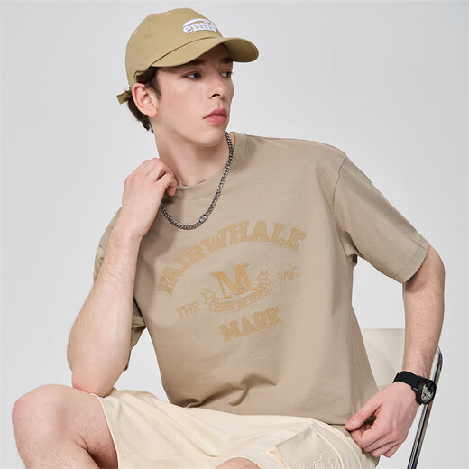 
Mark Huafei [pure cotton] short-sleeved T-shirt for men 25 spring and summer new round neck letter style embroidered comfortable breathable loose men's T-shirt 701 khaki (silhouette version) L (height 170-175 weight 65-70)
