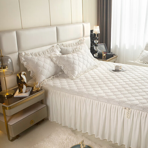 DREAM KARIN skin-friendly brushed quilted bed skirt bed cover single piece solid color dust-proof protective cover fitted sheet pad 180*200cm white
