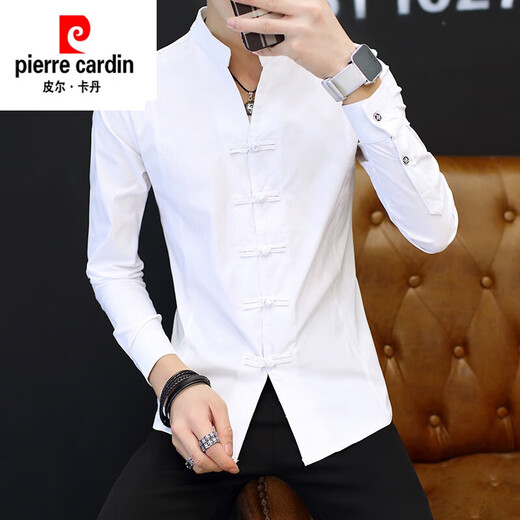Pierre Cardin Herren Frühlings- und Herbsthemd Langarm geknöpfte chinesische Stand-up-Kragenjacke Chinesische Stil großer Größe Casual Hemd High-End-Herrenkleidung weiß 9905 geknöpftes Stand-up-Kragenhemd 2xl