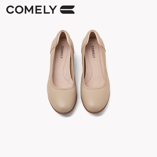 
COMELY soft cowhide single shoes for women's spring round toe comfortable flat shoes soft sole commuting versatile mother shoes apricot color 39