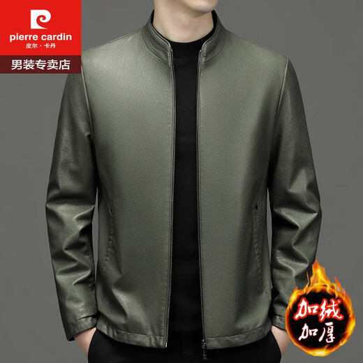 Pierre Cardin high-end genuine leather men's jacket spring, autumn and winter motorcycle slim casual middle-aged men's first-layer genuine cowhide jacket, stand-up collar green plus velvet 170/M