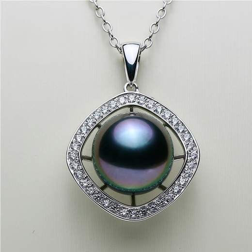 Mu Qinzhenyu 18K gold Tahitian black pearl pendant 9.9mm malachite green transparent purple seawater pearl necklace pair