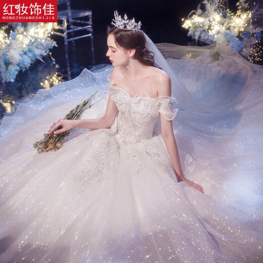 Hongzhuangjia 2022 new main wedding dress bride forest starry sky heavy industry luxury one-shoulder wedding dress with large tail [fungus edge collar type] tail L