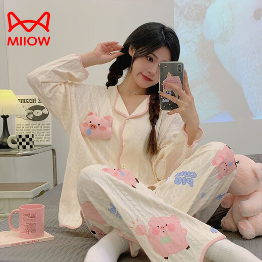 Cat Man (MiiOW) pure cotton pajamas for women in spring and autumn new long-sleeved trousers loose cardigan sweet cartoon cute home clothing set 9214 L [recommended 100-120Jin [Jin equals 0.5 kg]]