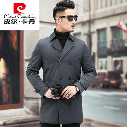 皮尔卡丹高档品牌男装 2022春秋季双排扣男士短款风衣英伦修身翻领帅气外套潮针织 LYD9196藏青色 170/M