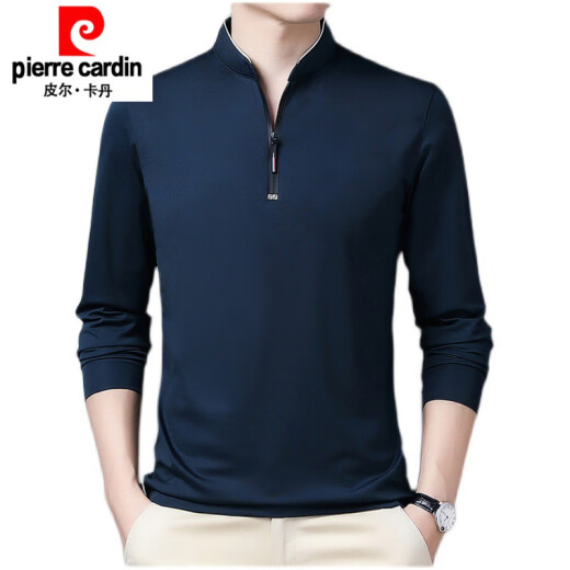 皮尔卡丹（pierre cardin）品牌棉长袖t恤男休闲薄款体恤上衣春秋季中年立领打底衫针织 6623深兰 180/2XL建议160-170斤