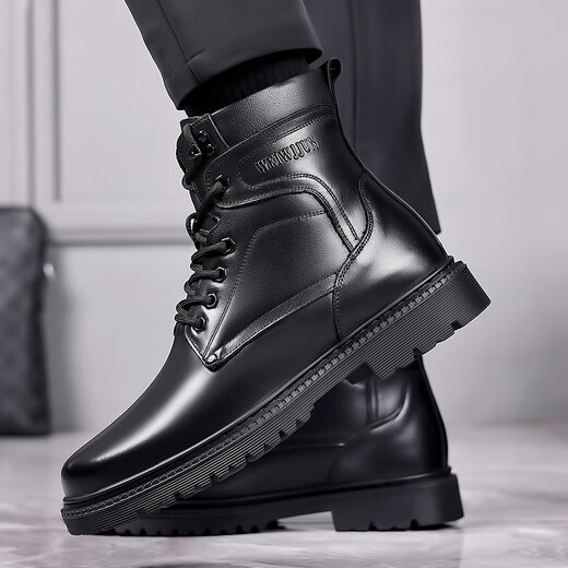 
KACHILANG Martin Boots Men's Genuine Leather Wool Warm Cotton Boots High Top Cowhide Working Equipment Battle Army Hook Snow Boots Winter 3518 Black 40