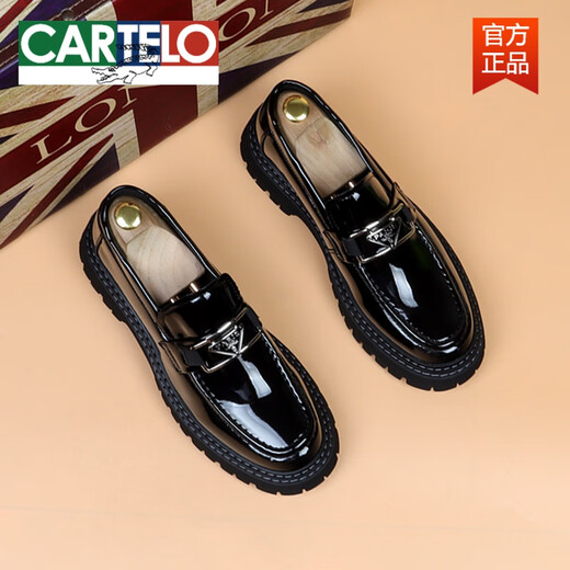 CARTELO new men's casual leather shoes, patent leather slip-on slip-ons, glossy thick-soled large leather shoes, business formal wear, black heightening 39
