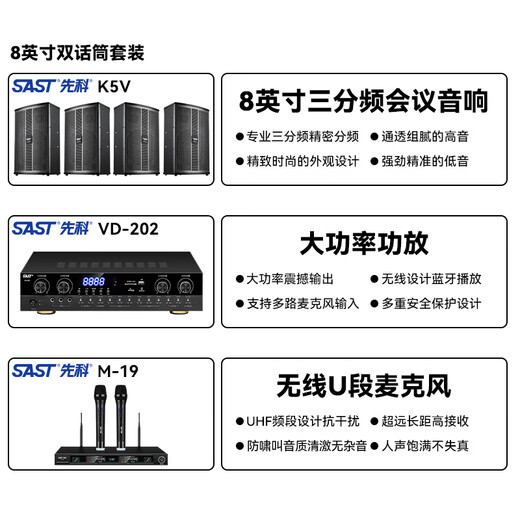 先科会议室音响设备全套装组合家庭影院KTV音乐学校培训专用系统蓝牙功放麦克风一体机壁挂舞台音箱K5V 【四8吋音响套装】两话筒（120-240平）