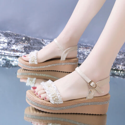 [Selected Goods] 2020 Summer New Versatile Thick-soled Platform Roman Sandals Fairy Style Internet Celebrity Ins Trendy Wedge Sandals Women's Beige 37