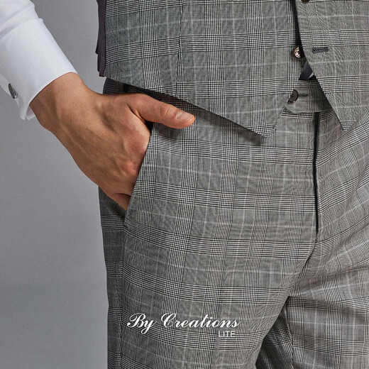 By Creations High-count yarn pure wool suit men's retro business versatile plaid suit professional commuting formal gray and white plaid 48 (175/92A)