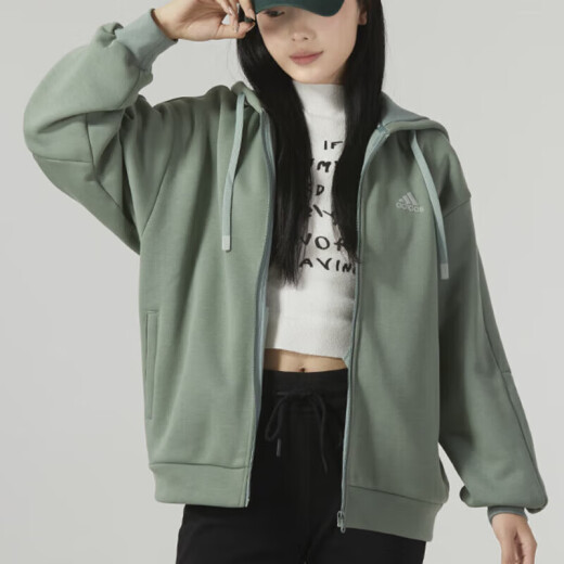 Adidas 阿迪达斯女装夹克春季新款运动服针织连帽跑步健身户外上衣外套 IK9894/银灰绿/加绒 L