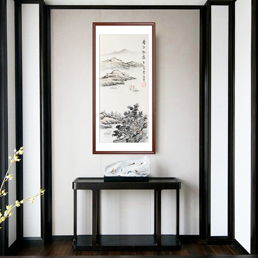 Celebrity calligraphy and painting, four-screen landscape painting, pure hand-painted Chinese painting, ink painting, living room sofa background, porch backing, vertical strip screen decoration hanging painting, sky high, clouds light, vertical size framed 85*40CM