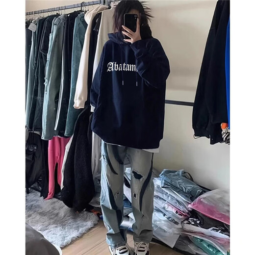 乔诗彤秋冬新款美式印花连帽卫衣女宽松休闲百搭上衣潮流ins加绒加厚 H12161深蓝色 3XL