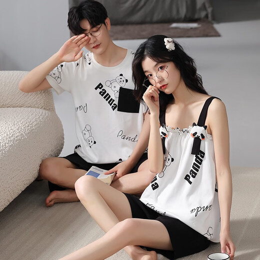 Daizixin 2 ensembles de pyjamas de couple pour les bretelles d'été pour femmes, ensemble en deux pièces de coton pur à manches courtes à manches minces d'été pour hommes DD9904 Femmes M + hommes XL