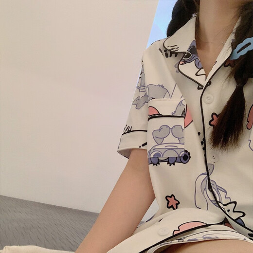 史迪仔三件套睡衣女短袖短裤长裤棉夏季2025年新款学生可爱卡通 14126#黄色拉布布 三件套 M  80-100斤