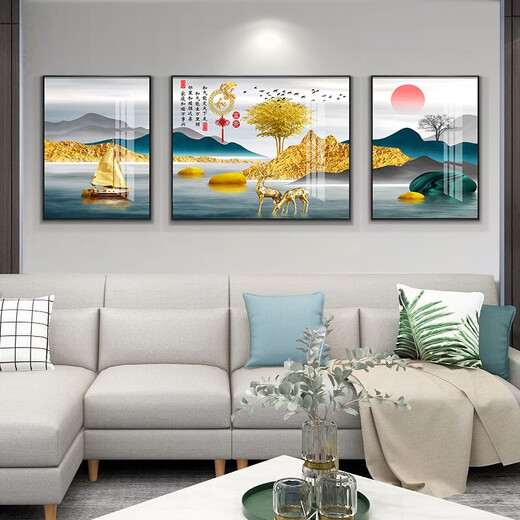 Tongdi Nouveau salon chinois Décoration peinture canapé fond mur moderne moderne simple villa hall paysage peinture triple peinture suspendue 10 jiahe fugui-12124 Middle 80 * 60 40 * 60 cadres noirs des deux côtés (peinture en porcelaine cristalline)