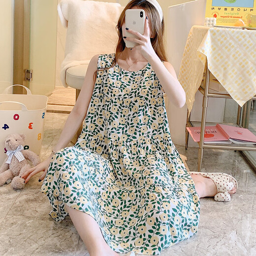 ZHIDOUDOU无袖棉绸睡裙女春夏季网红大码睡衣家居服日系仙女裙学生绵绸裙薄 1697黄底黄花 XL