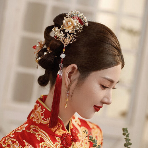 Ancient bride Xiuhe clothing headdress red velvet flower phoenix crown Chinese wedding gift newlywed toast clothing hair accessories wedding accessories Chinese bridal headwear tassel style