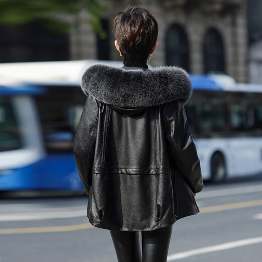 Zhe Shifan Removable Genuine Leather Down Jacket Women's Medium Long Jacket Haining Sheep Leather Jacket Fox Fur Collar Fur 2025 Winter New Black 2XL 135Jin Jin equals 0.5kg --145Jin Jin equals 0.5kg
