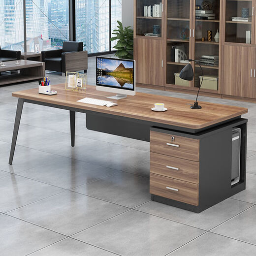 Si Keda Boss Desk Corner Desk Simple Modern Executive Desk Work Desk Staff Desk with Cabinet Manager Desk Supervisor Desk Walnut Desktop + Elegant Black Shelf 160*80 Round Corner Table Thickened + Side Cabinet